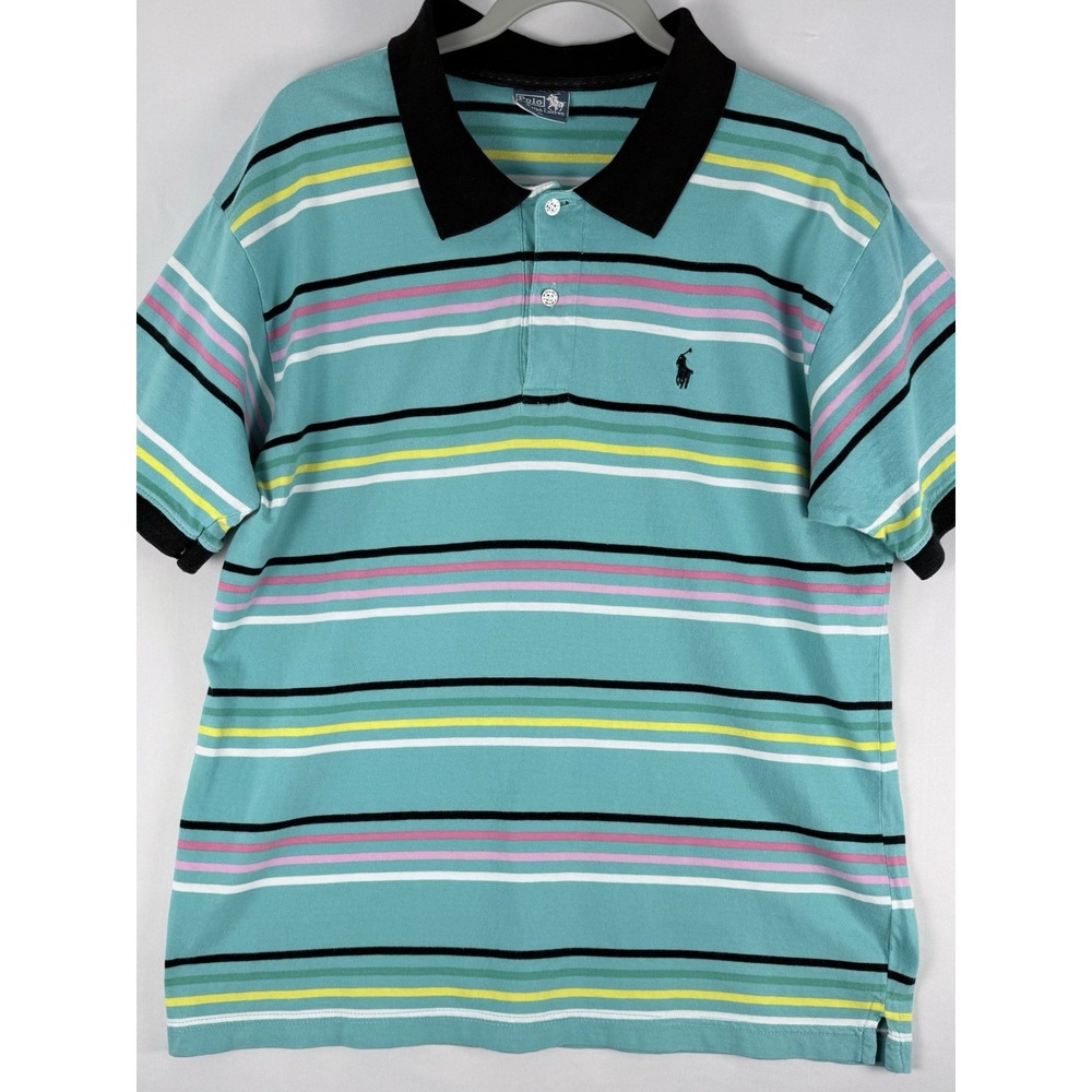 Polo Ralph Lauren Polo Shirt Mens XL Teal Multicolor Stripe Pony Logo Y2K